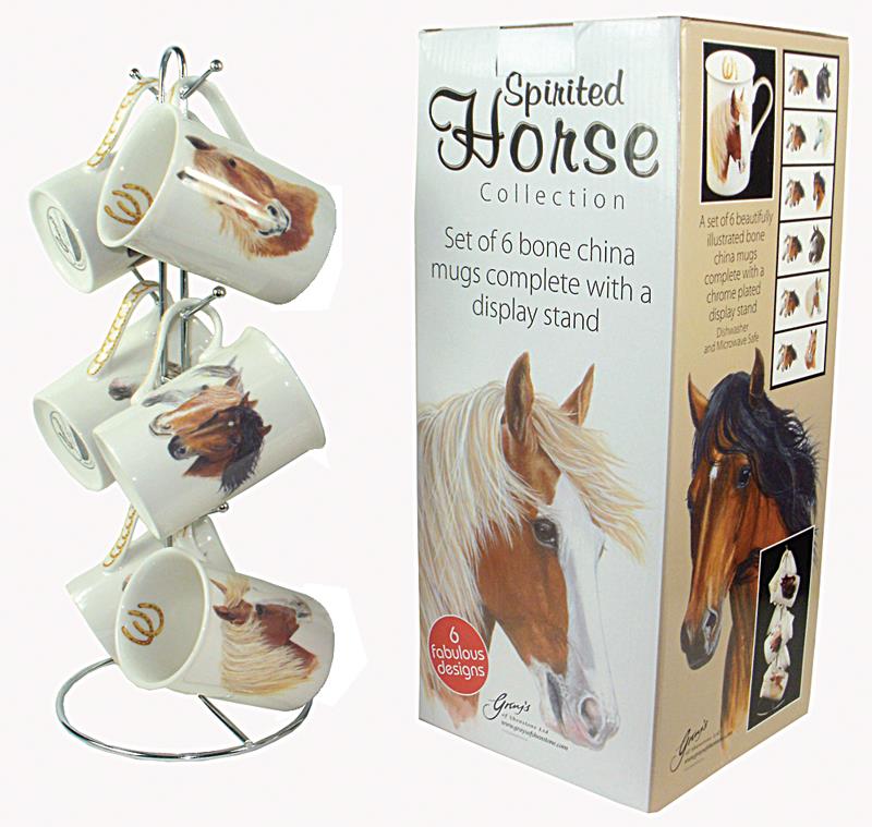 Spirited Horse Set 6 Bone China Mugs with Stand Gift Boxed