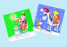 Party Hat and Christmas Carol Horse Christmas Cards Pack 10